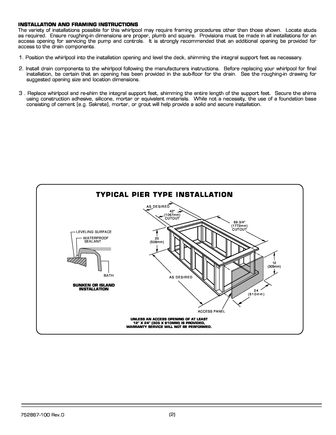 American Standard 2901E SERIES Typical Pier Type Installation, Installation And Framing Instructions 