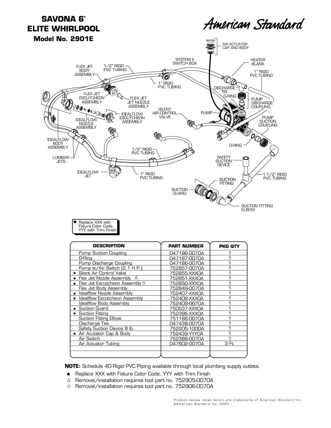 American Standard 2901E manual Savona Elite Whirlpool, Model No E, Description Part Number PKG QTY 