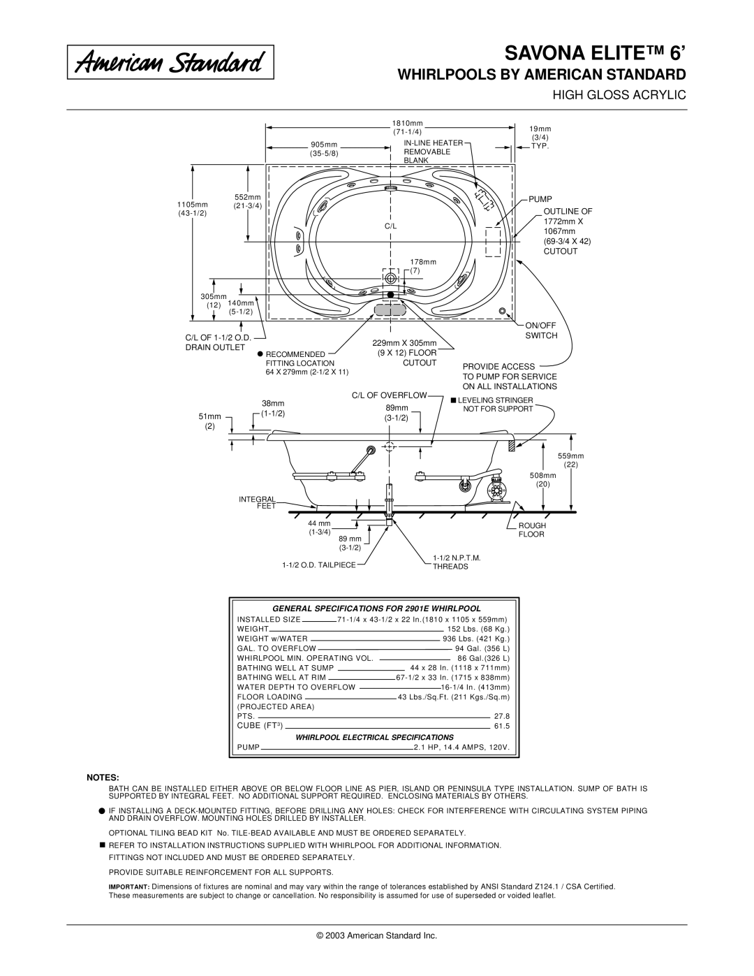 American Standard 2901EC dimensions General Specifications for 2901E Whirlpool 