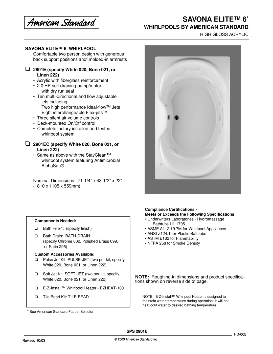 American Standard 2901EC dimensions SAVONA ELITE 6’, Whirlpools By American Standard 