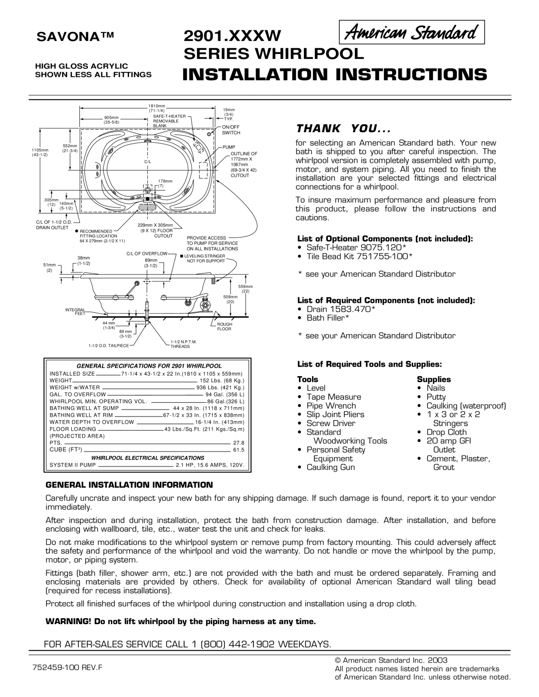 American Standard 2901.XXXW installation instructions Installation Instructions, General Installation Information 