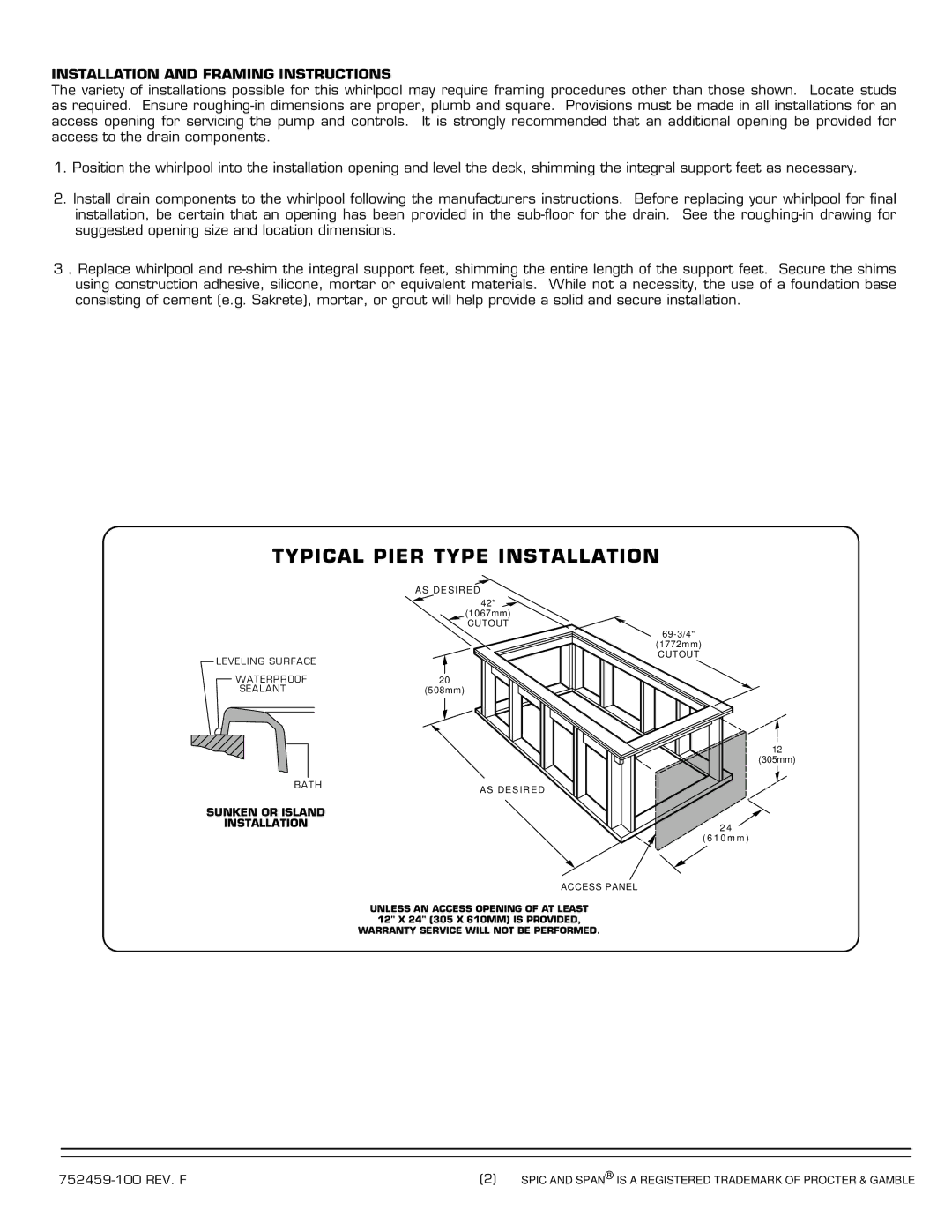 American Standard 2901.XXXW installation instructions Typical Pier Type Installation, Installation and Framing Instructions 