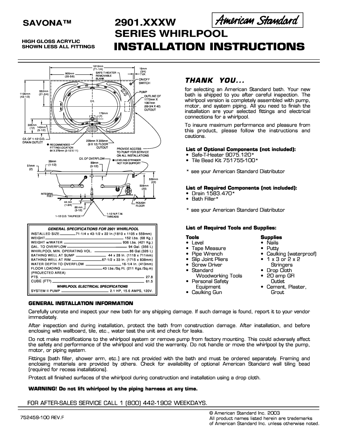 American Standard 2901.XXXW installation instructions Installation Instructions, Xxxw Series Whirlpool, Savona, Thank You 