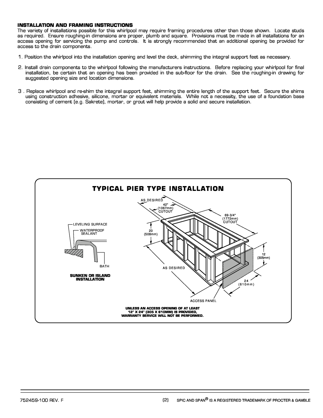 American Standard 2901.XXXW installation instructions Typical Pier Type Installation, Installation And Framing Instructions 