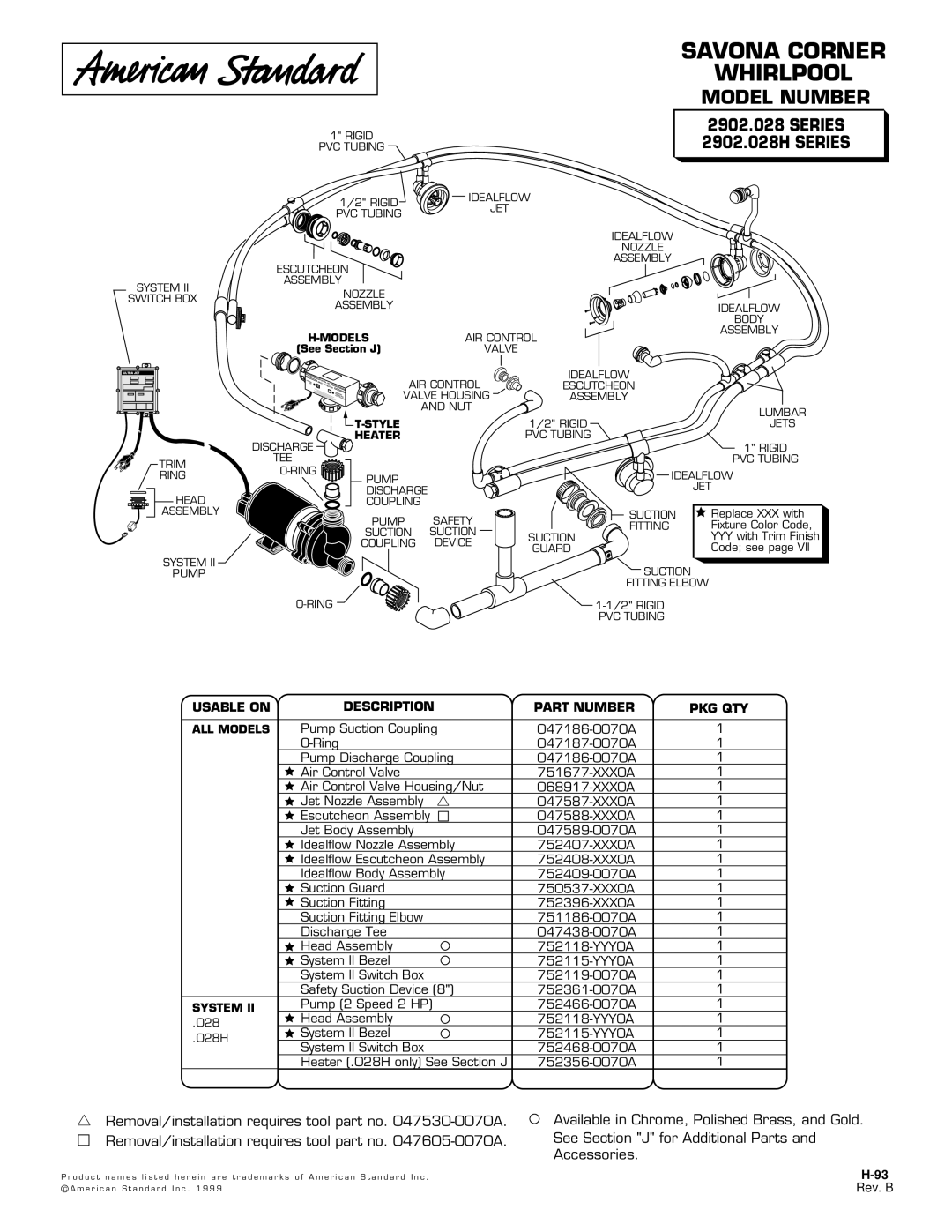 American Standard manual Savona Corner Whirlpool, Model Number, Series 2902.028H Series 