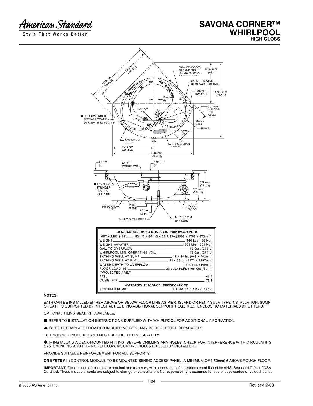 American Standard 2902.028WC dimensions General Specifications for 2902 Whirlpool, Whirlpool Electrical Specifications 