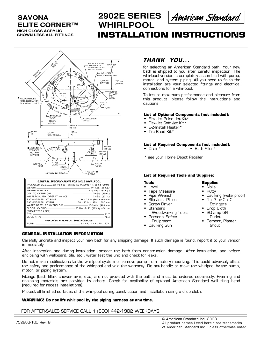 American Standard installation instructions 2902E Series Whirlpool Installation Instructions 