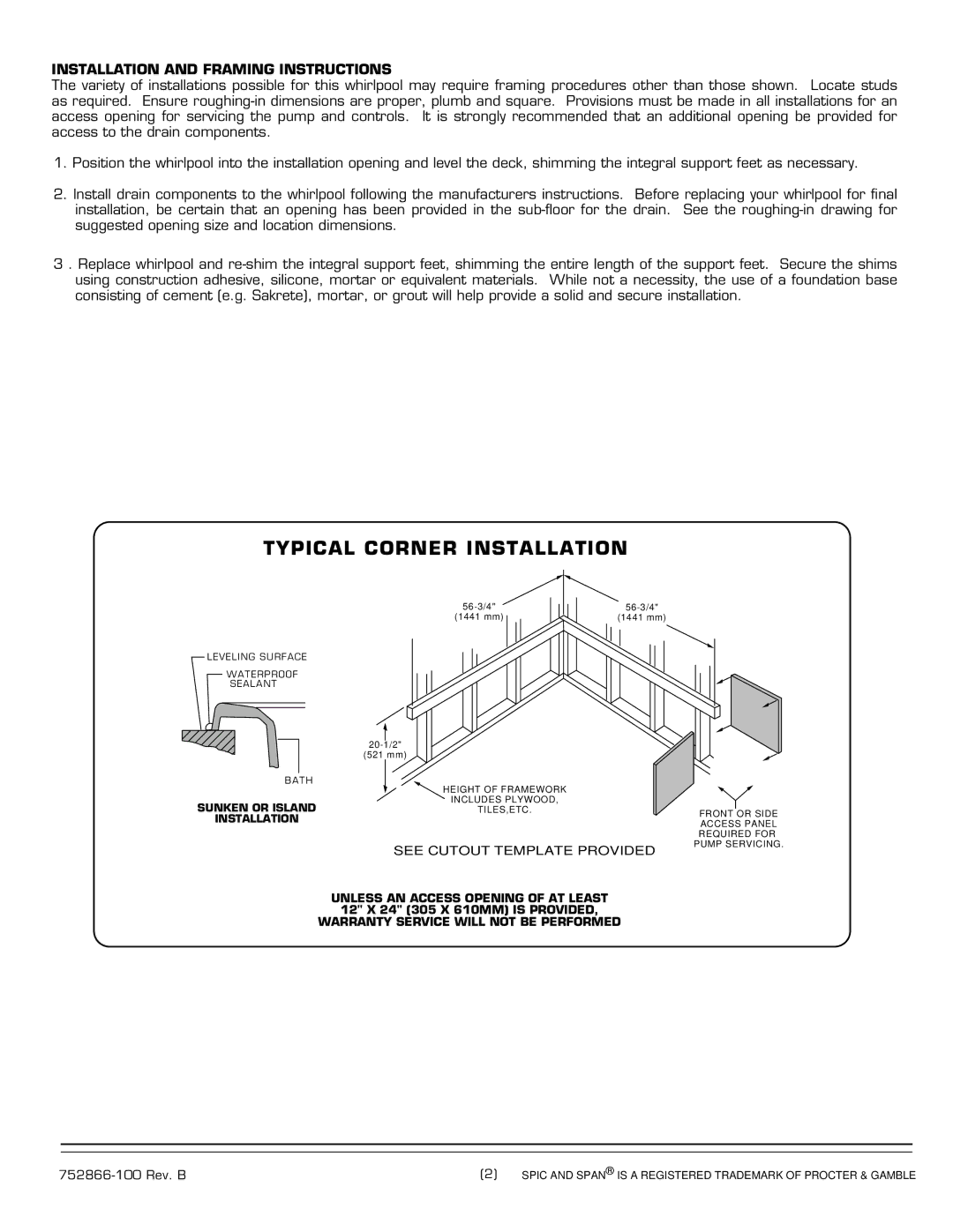 American Standard 2902E installation instructions Typical Corner Installation, Installation and Framing Instructions 