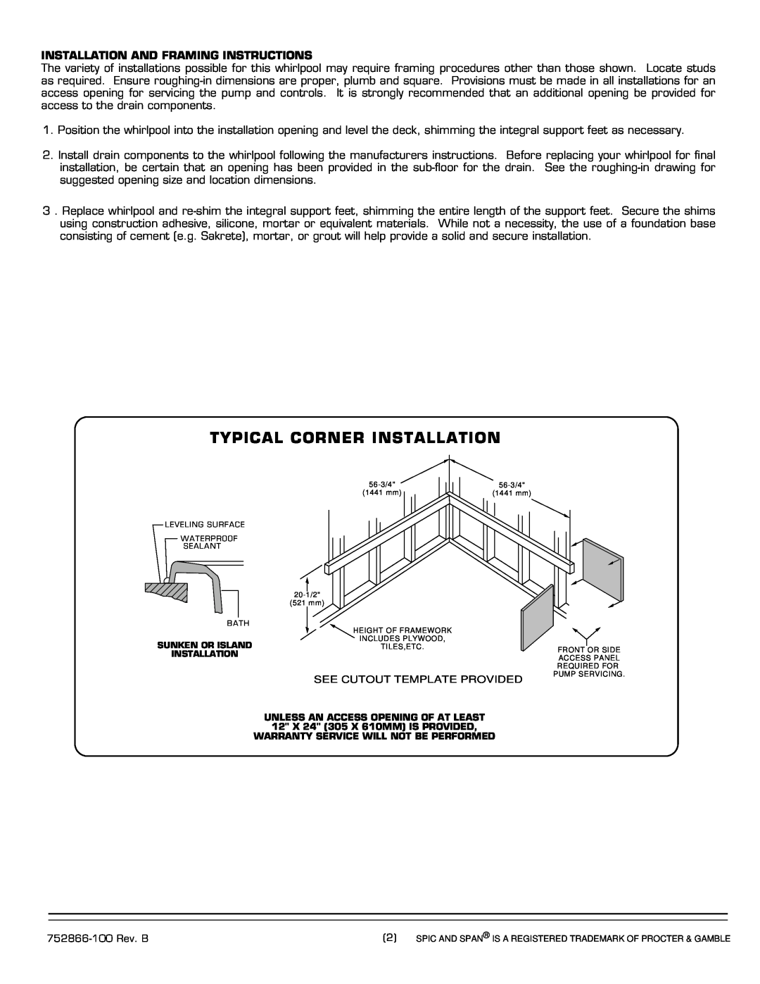 American Standard 2902E installation instructions Typical Corner Installation, Installation And Framing Instructions 