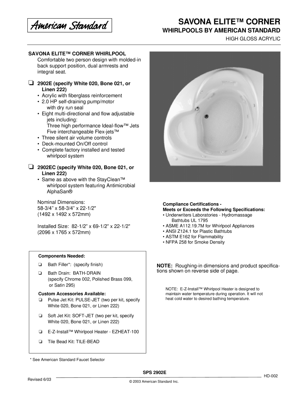 American Standard 2902EC dimensions Savona Elite Corner, Whirlpools by American Standard 