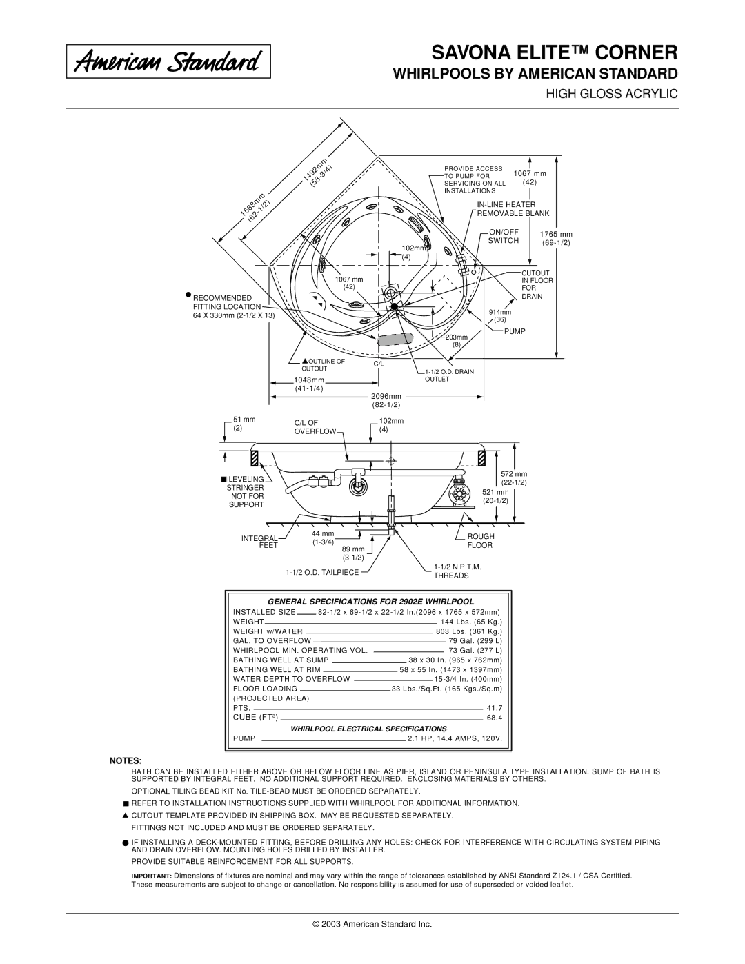 American Standard 2902EC General Specifications for 2902E Whirlpool, Cube FT, Whirlpool Electrical Specifications 