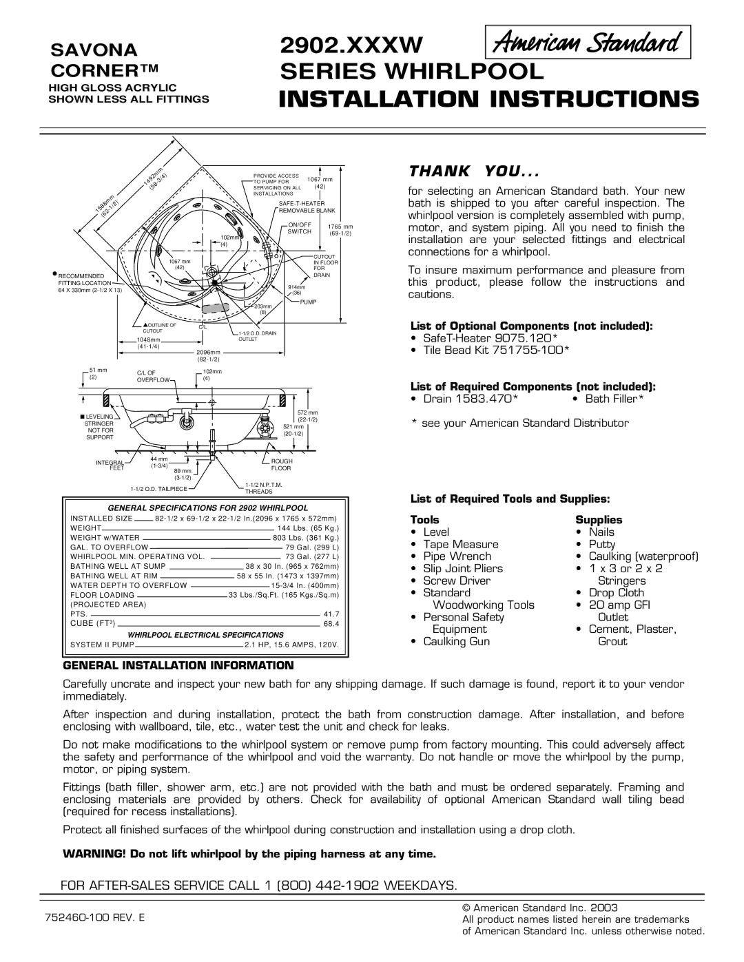 American Standard 2902.XXXW Series installation instructions Series Whirlpool Installation Instructions 