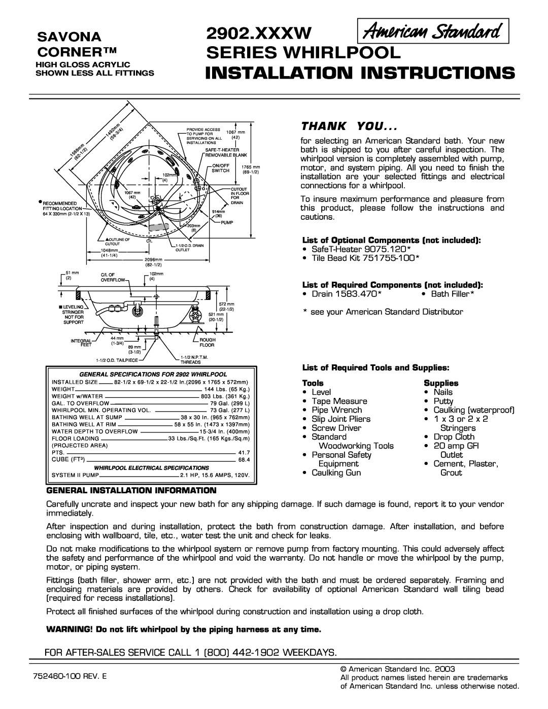 American Standard 2902.XXXW Series installation instructions Xxxw Series Whirlpool, Installation Instructions, Thank You 