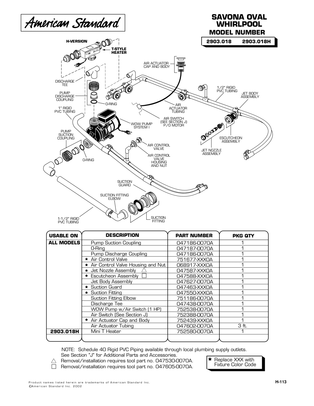 American Standard manual Savona Oval Whirlpool, Model Number, 2903.018 2903.018H 