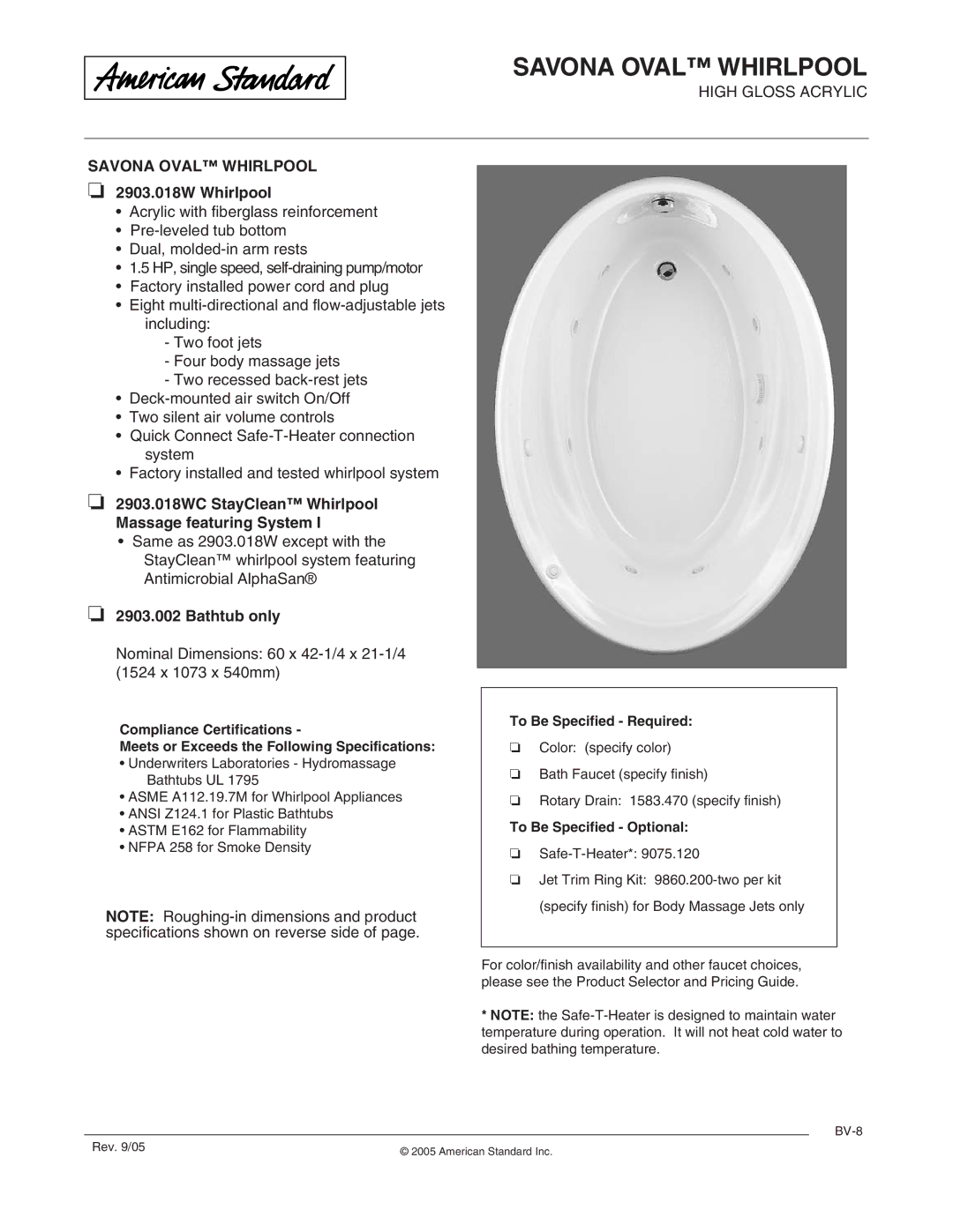 American Standard dimensions 2903.018W Whirlpool, 2903.018WC StayClean Whirlpool Massage featuring System, Bathtub only 