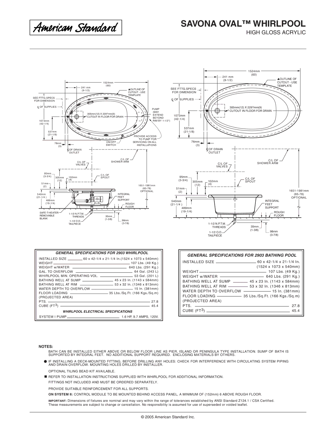 American Standard 2903.018W dimensions General Specifications for 2903 Bathing Pool 