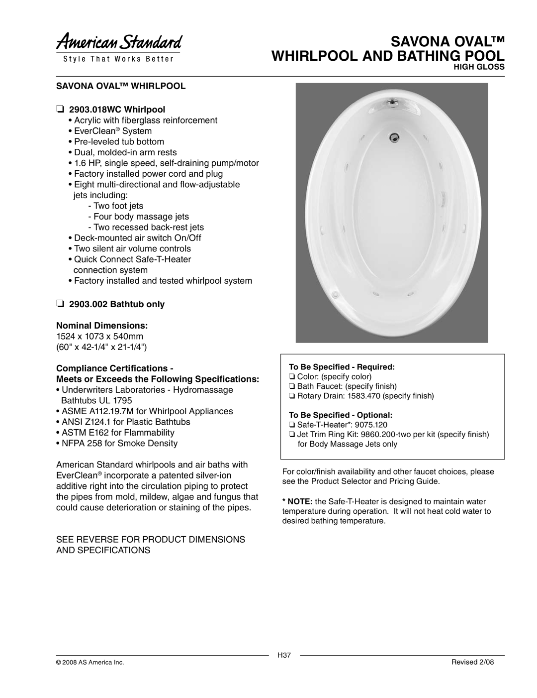 American Standard 2903.002 dimensions Savona Oval Whirlpool and Bathing Pool, 2903.018WC Whirlpool 