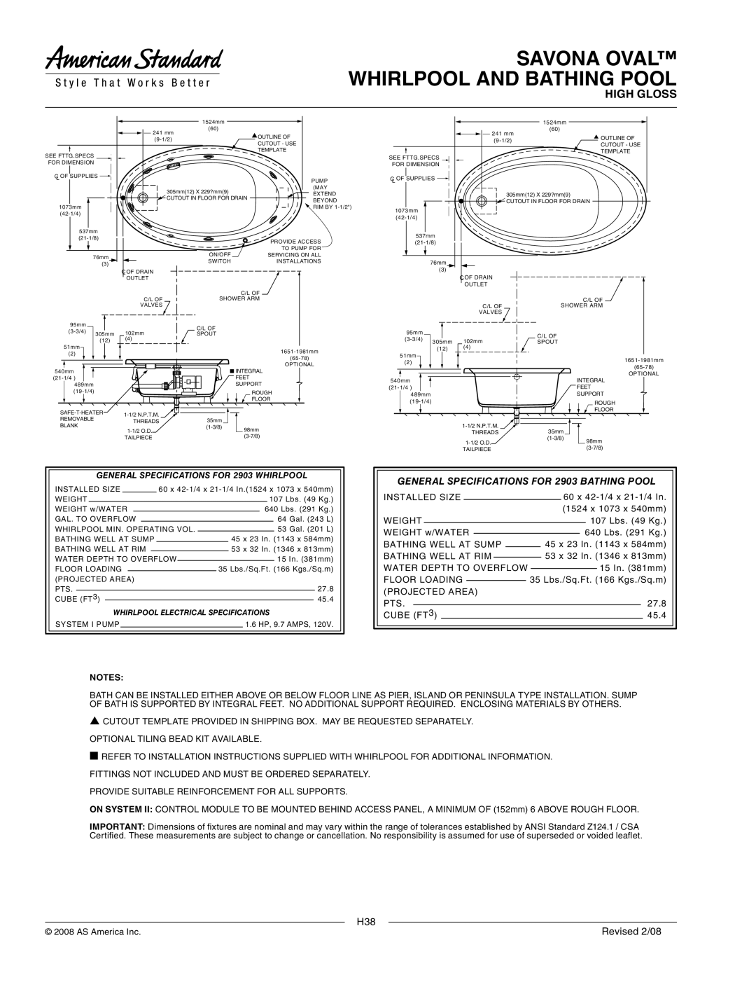 American Standard 2903.018WC General Specifications for 2903 Bathing Pool, General Specifications for 2903 Whirlpool 