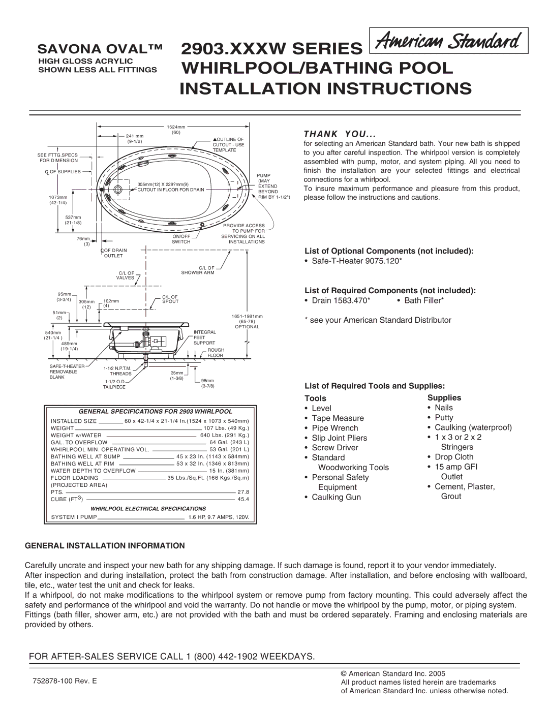 American Standard 2903.XXXW installation instructions General Installation Information 