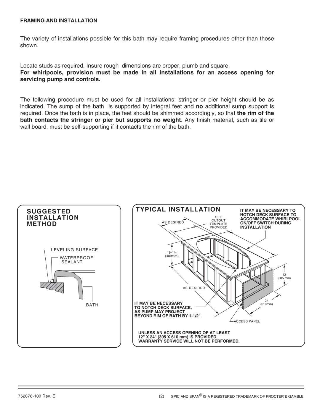 American Standard 2903.XXXW installation instructions Suggested Installation Method, Typical Installation 