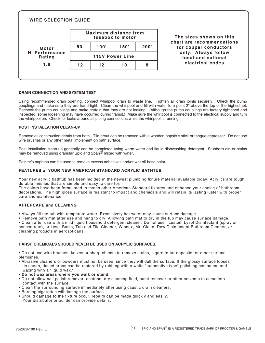 American Standard 2903.XXXW installation instructions Drain Connection and System Test, Post Installation CLEAN-UP 