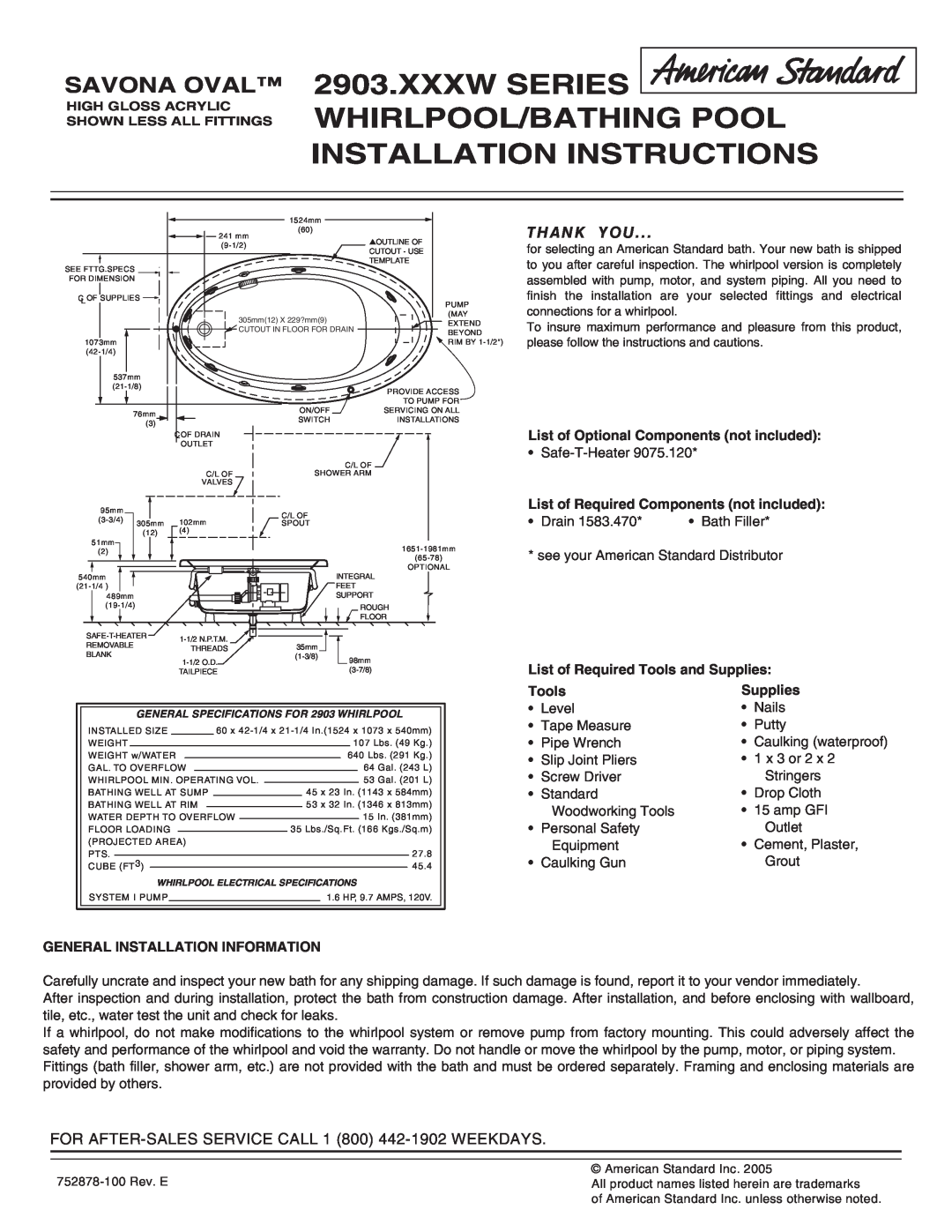American Standard 2903.XXXW installation instructions Xxxw Series Whirlpool/Bathing Pool Installation Instructions, Tools 