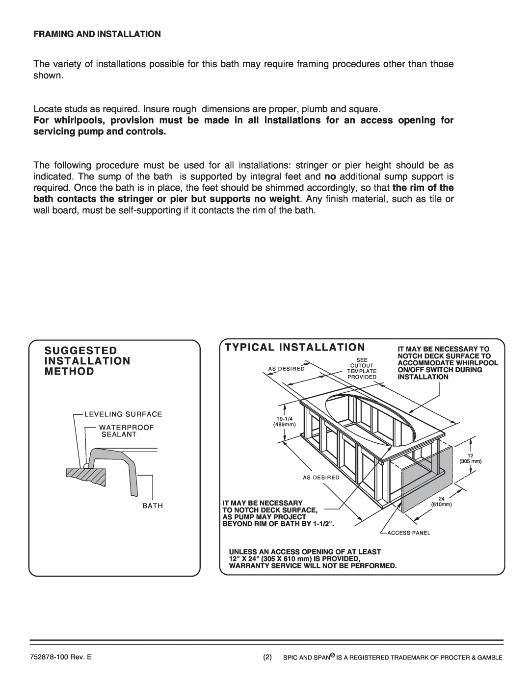 American Standard 2903.XXXW Suggested Installation Method, Typical Installation, Framing And Installation 