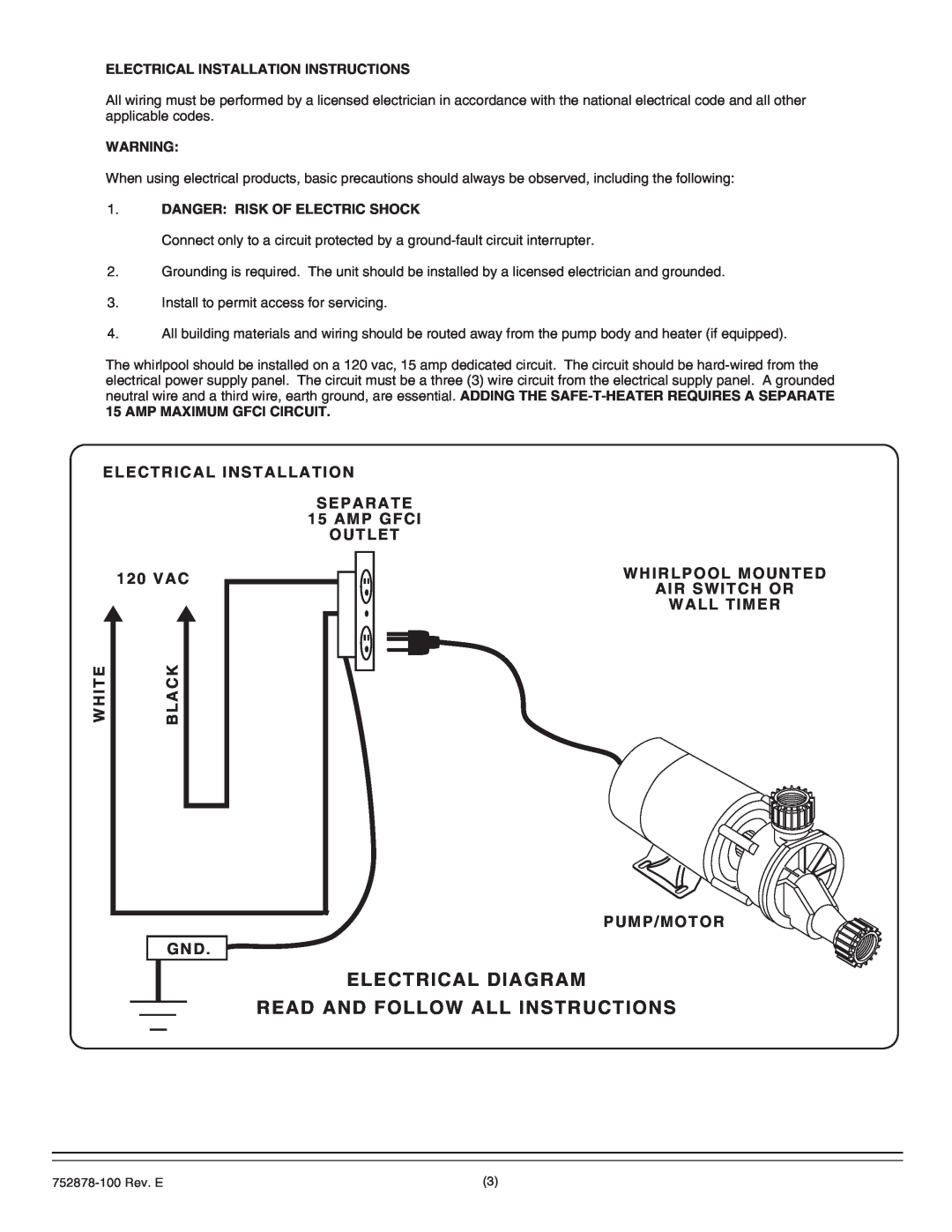 American Standard 2903.XXXW Electrical Diagram Read And Follow All Instructions, 120 VAC, Whirlpool Mounted, Air Switch Or 