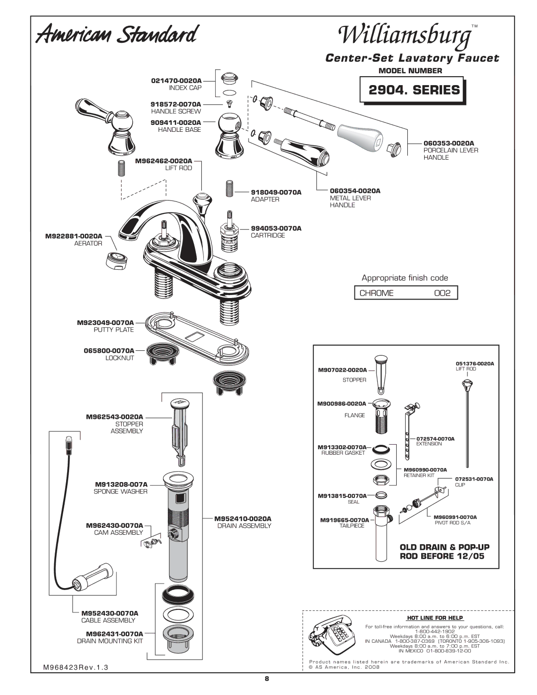 American Standard 2904. SERIES manual Series, Chrome, OLD Drain & POP-UP ROD Before 12/05 