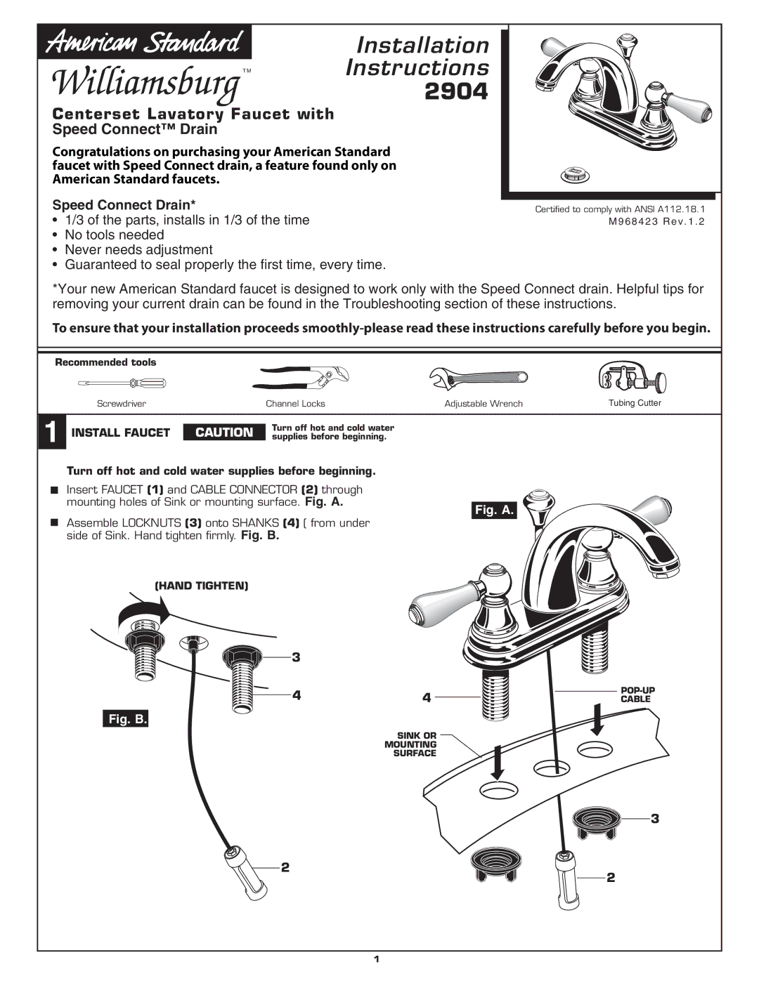 American Standard 2904 installation instructions Centerset Lavatory Faucet with Speed Connect Drain, Install Faucet 