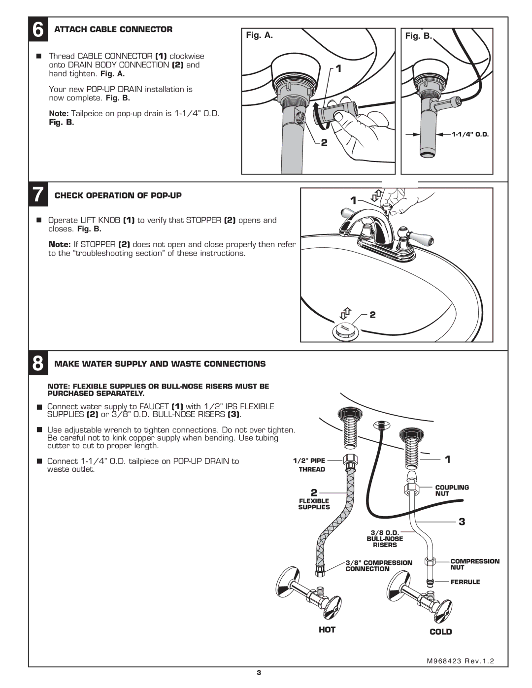 American Standard 2904 Attach Cable Connector, Check Operation of POP-UP, Make Water Supply and Waste Connections, Hotcold 