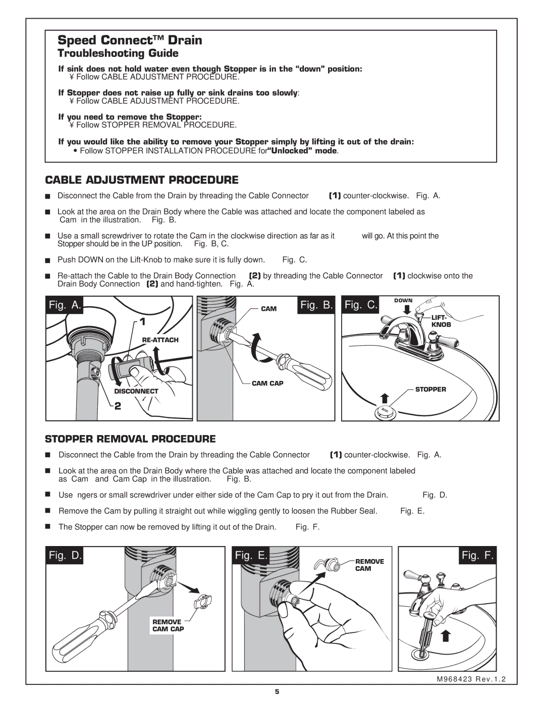 American Standard 2904 installation instructions Troubleshooting Guide, If you need to remove the Stopper 