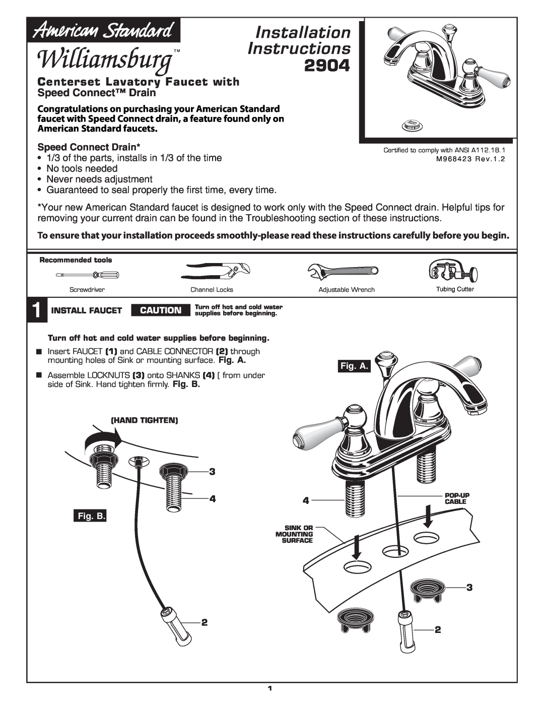 American Standard 2904 installation instructions Installation Instructions, Speed Connect Drain, Fig. A, Fig. B 