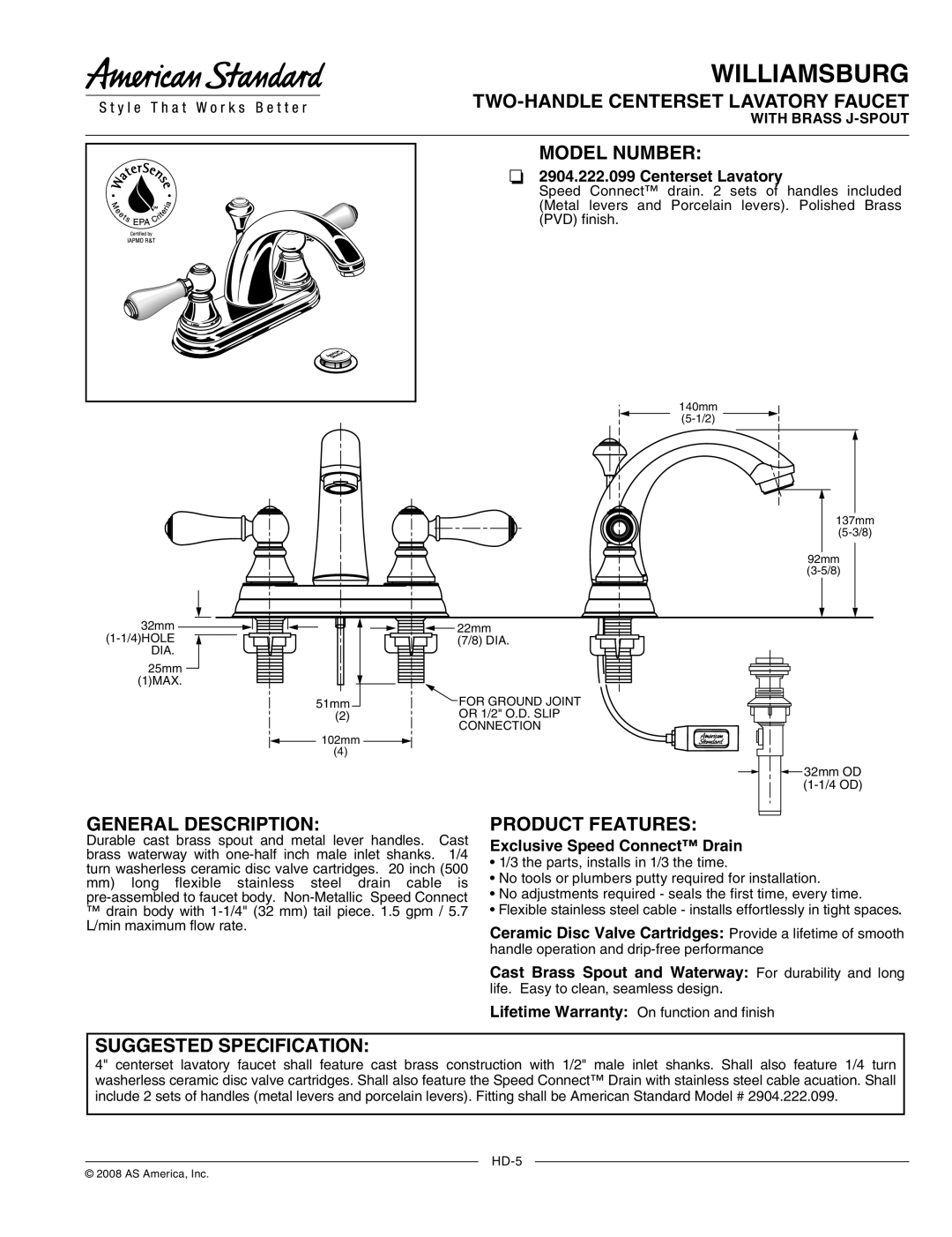 American Standard 2904.222.099 warranty TWO-HANDLE Centerset Lavatory Faucet, Model Number, General Description 