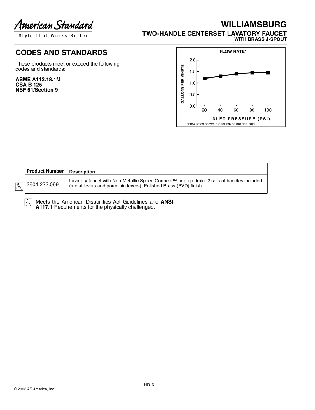 American Standard 2904.222.099 warranty Codes and Standards, Asme A112.18.1M CSA B NSF 61/Section 