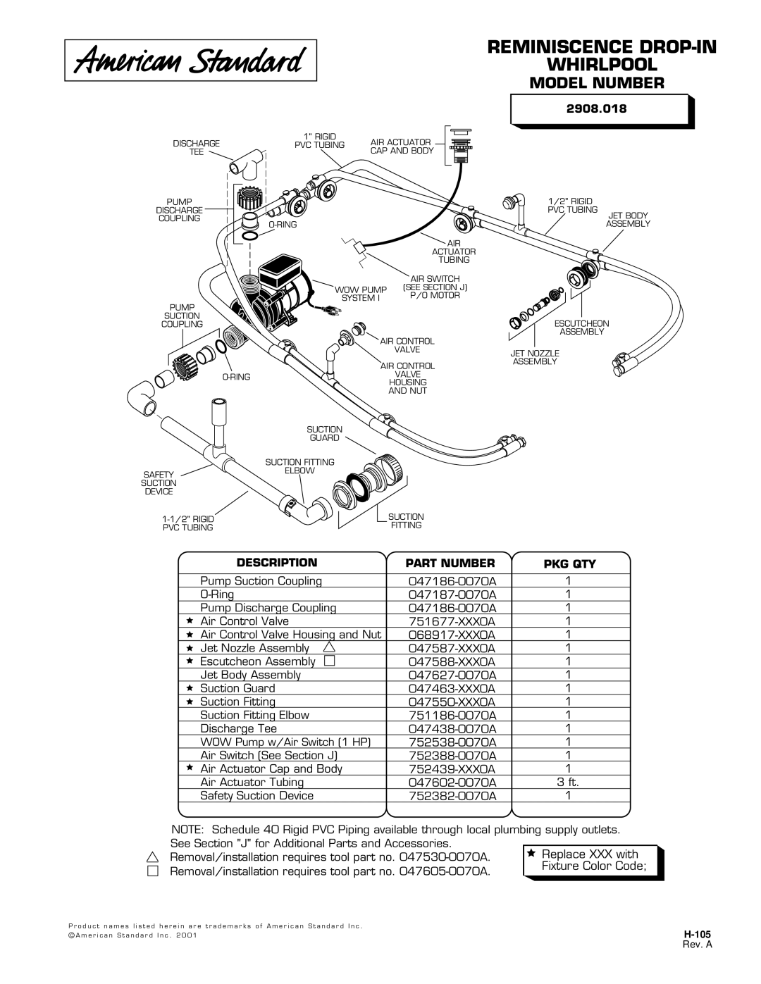 American Standard 2908.018 manual Reminiscence DROP-IN Whirlpool, Model Number, Description Part Number PKG QTY 