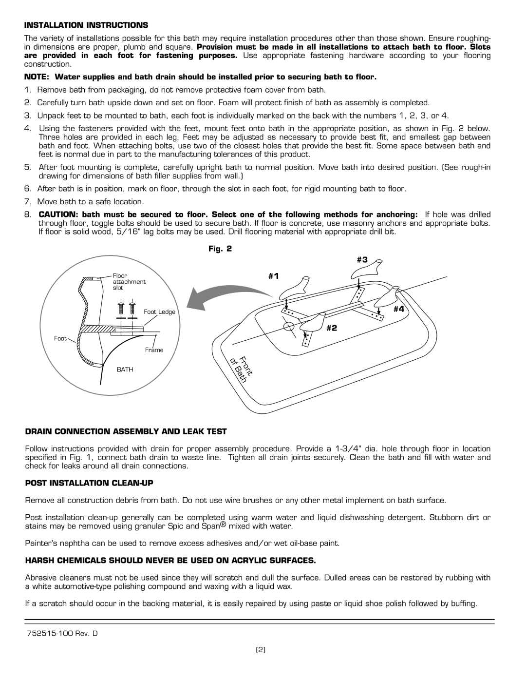 American Standard 2908.020 Installation Instructions, Drain Connection Assembly and Leak Test, Post Installation CLEAN-UP 