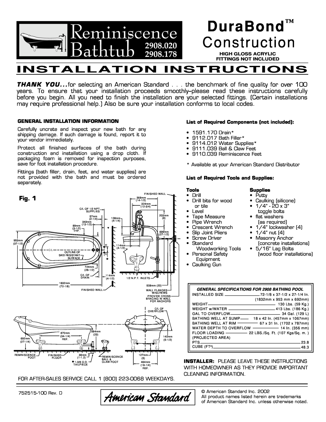 American Standard 2908.178, 2908.020 installation instructions Installation Instructions 