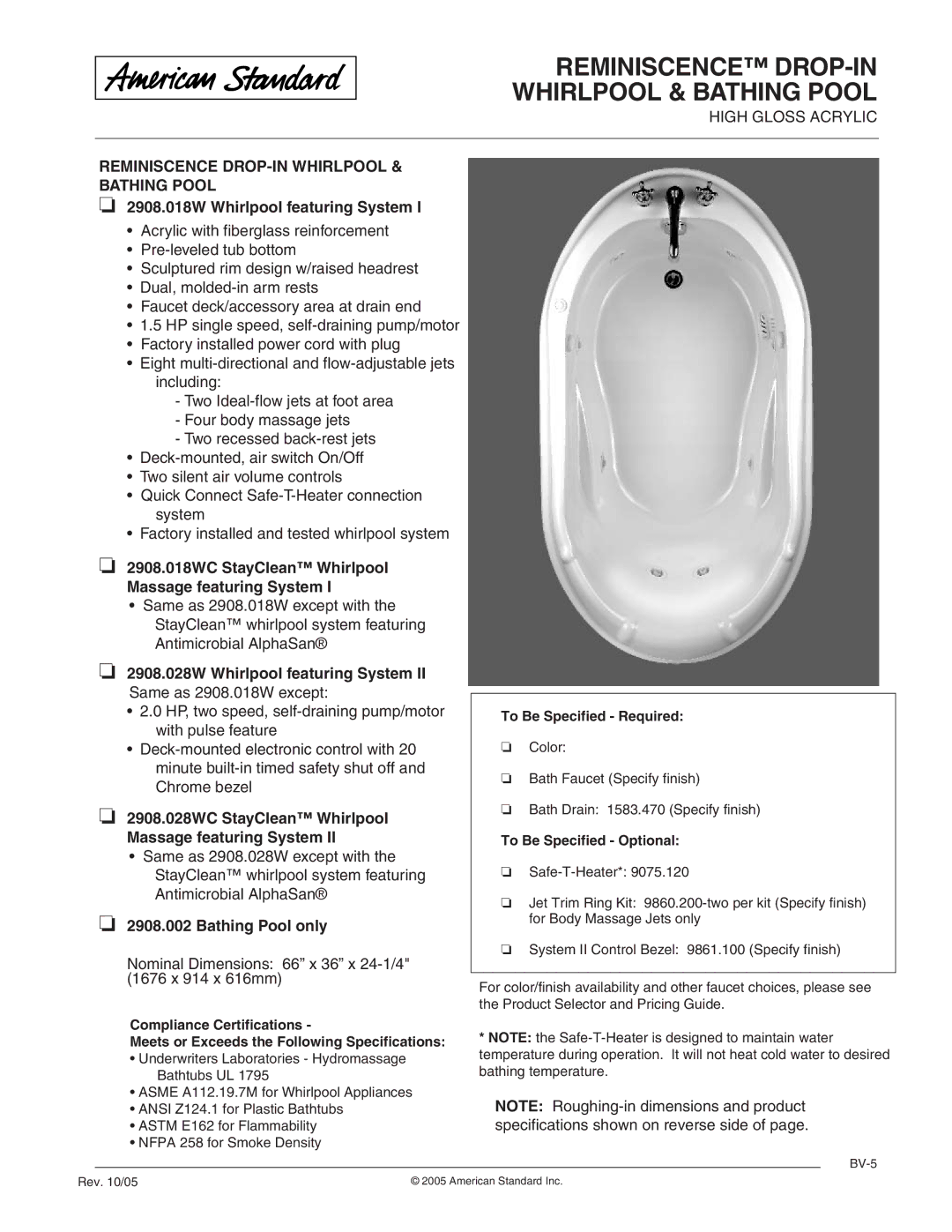 American Standard 2908.018WC, 2908.028W, 2908.002 dimensions 2908.018W Whirlpool featuring System, Bathing Pool only 