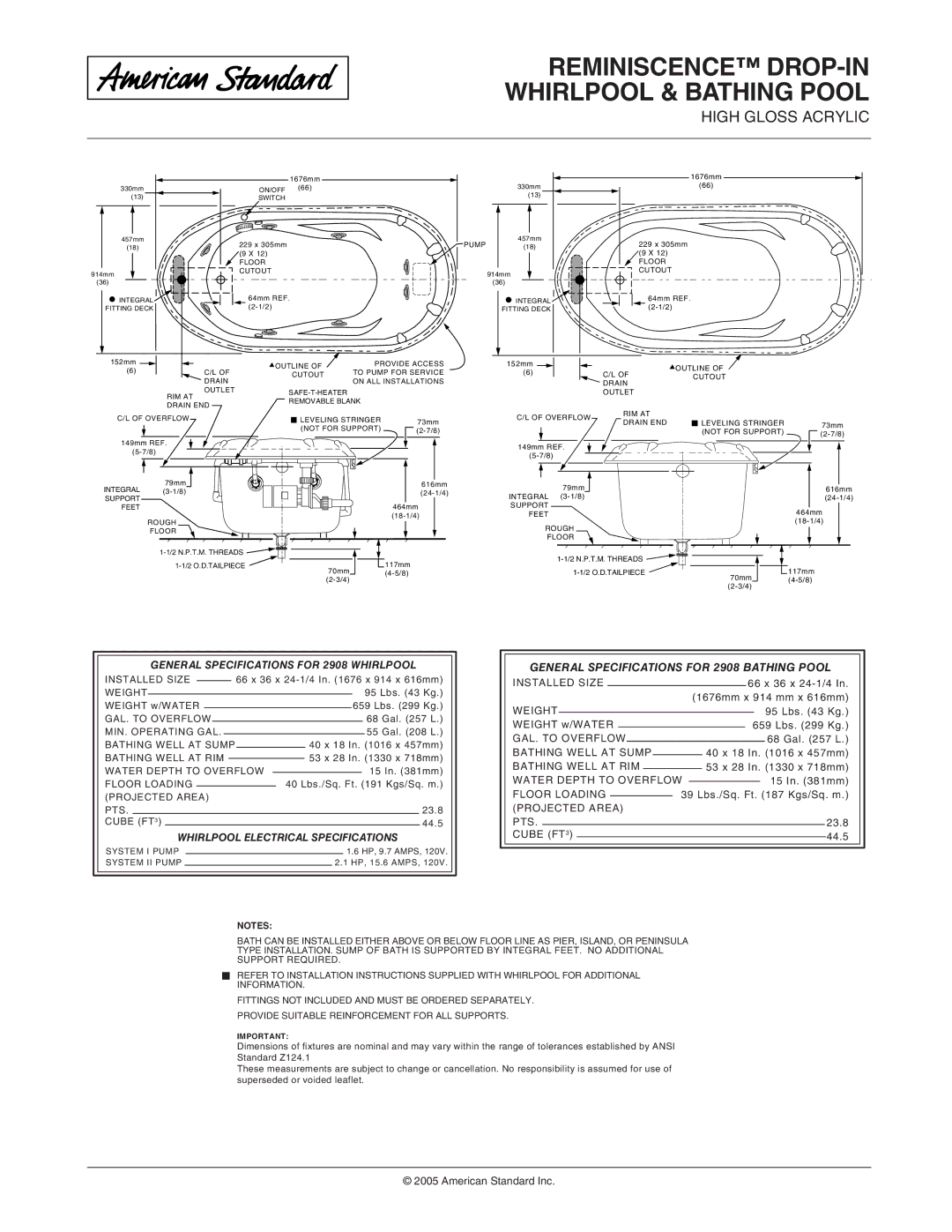 American Standard 2908.028W, 2908.018WC, 2908.002 dimensions General Specifications for 2908 Bathing Pool 