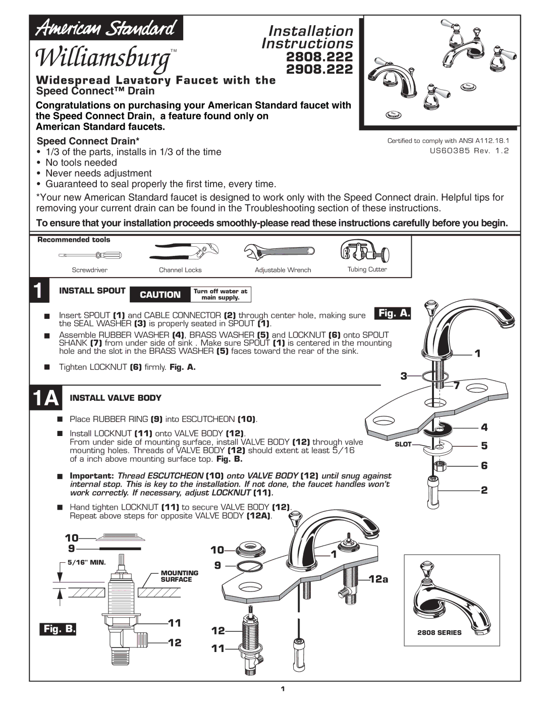 American Standard 2808.222, 2908.222 installation instructions Install Spout, 1A Install Valve Body 