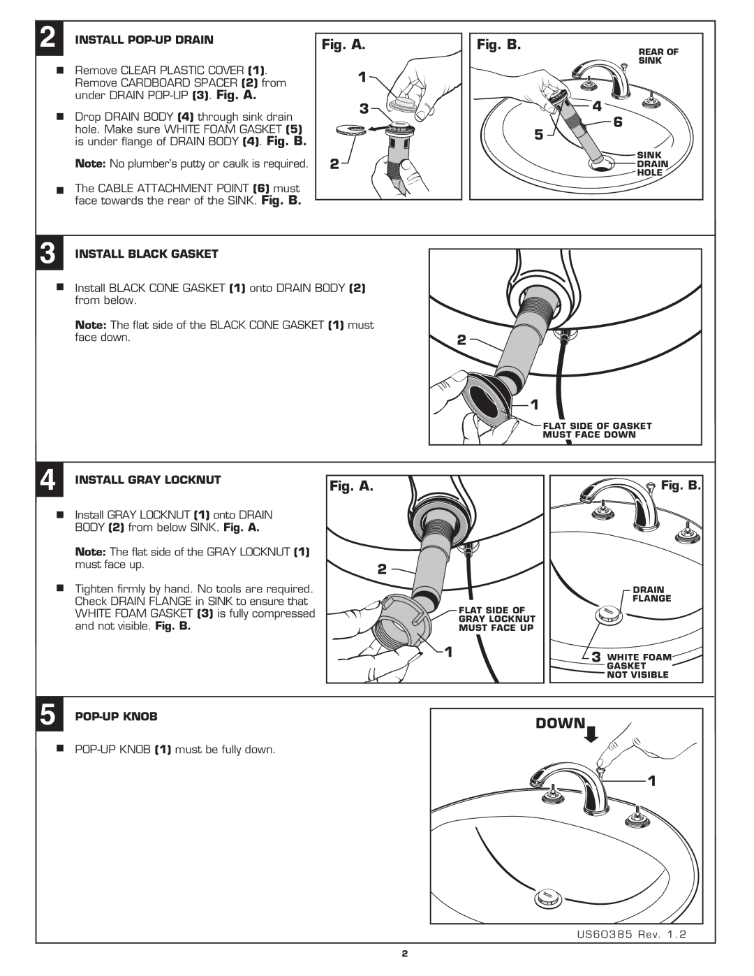 American Standard 2908.222, 2808.222 Install POP-UP Drain, Install Black Gasket, Install Gray Locknut, POP-UP Knob 