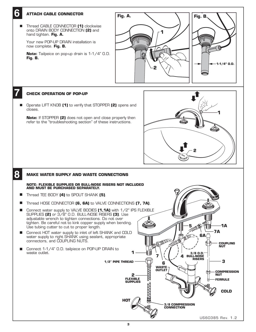 American Standard 2808.222 Attach Cable Connector, Check Operation of POP-UP, Make Water Supply and Waste Connections, Hot 