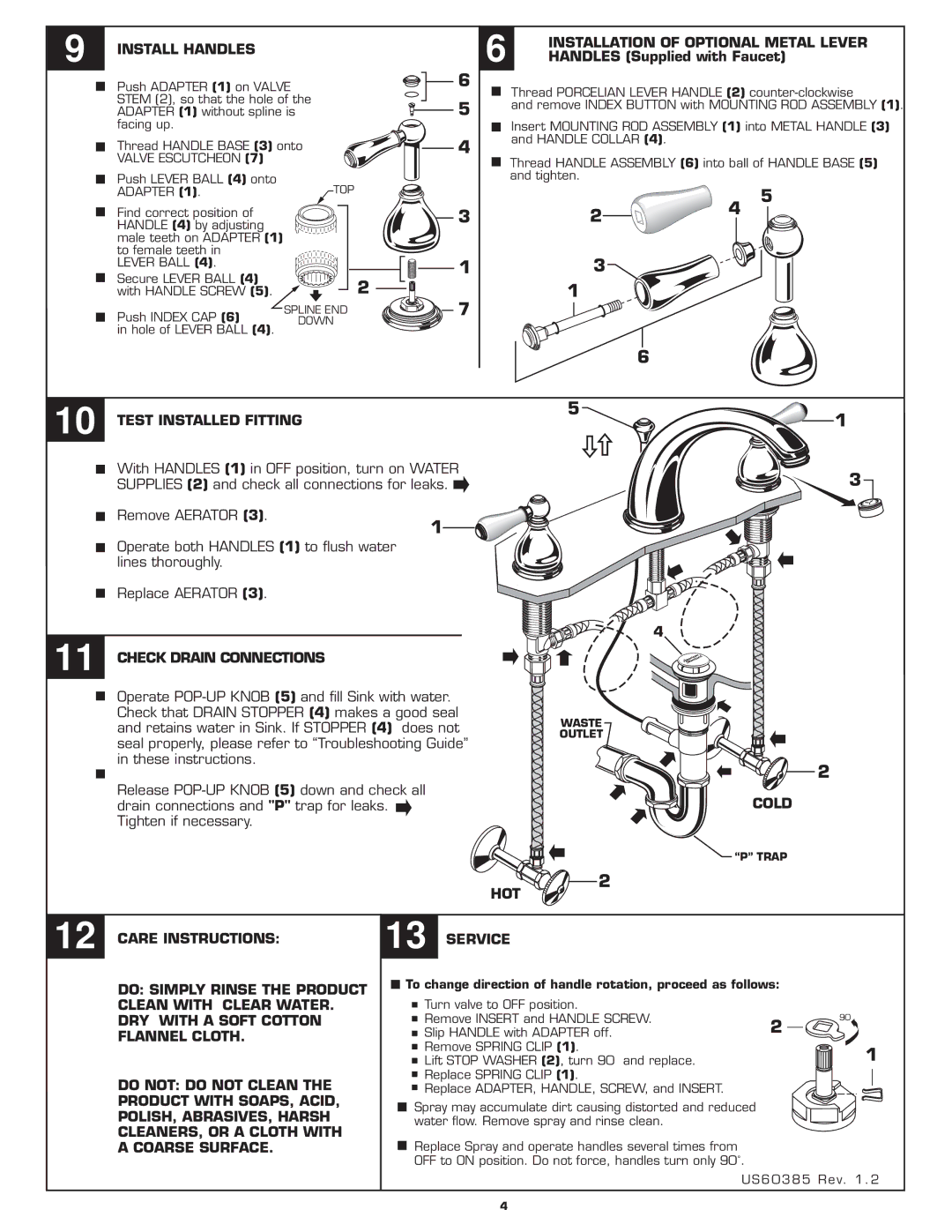 American Standard 2908.222, 2808.222 Install Handles, Installation of Optional Metal Lever, Test Installed Fitting 