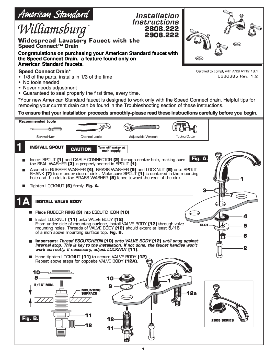 American Standard 2808.222 installation instructions Installation Instructions, Widespread Lavatory Faucet with the, 1 12a 