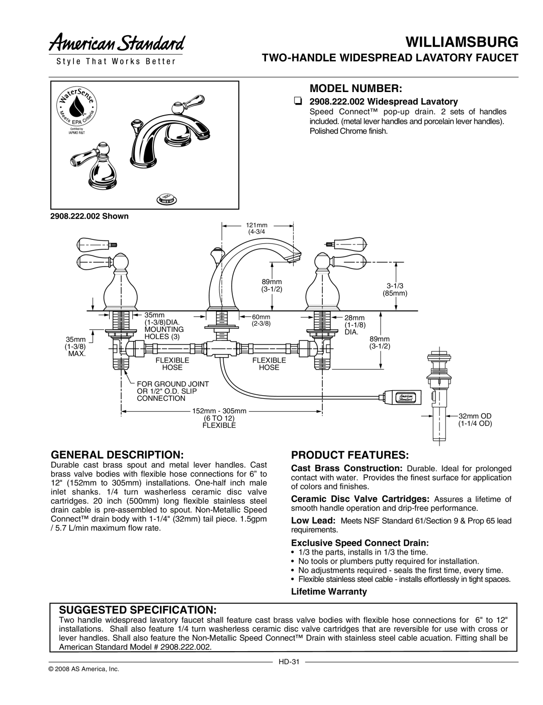 American Standard 2908.222.002 warranty TWO-HANDLE Widespread Lavatory Faucet Model Number, General Description 