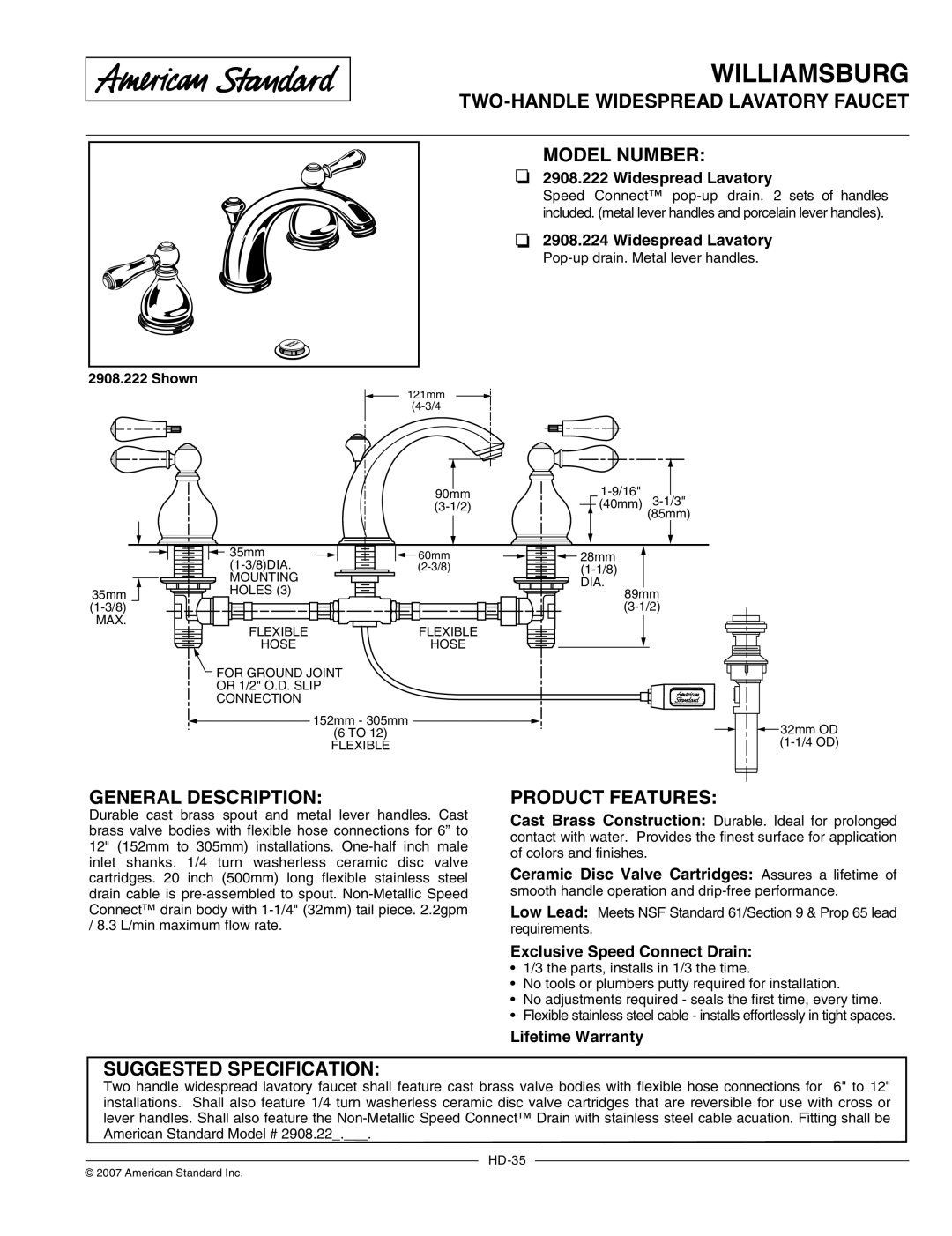 American Standard 2908.224 warranty TWO-HANDLE Widespread Lavatory Faucet Model Number, General Description 