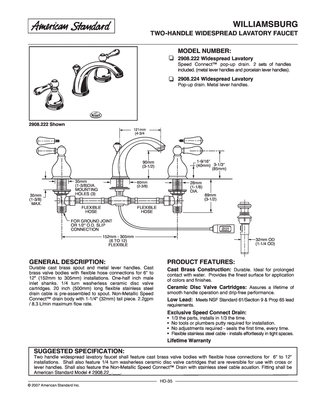 American Standard 2908.22 warranty Williamsburg, Two-Handlewidespread Lavatory Faucet Model Number, General Description 
