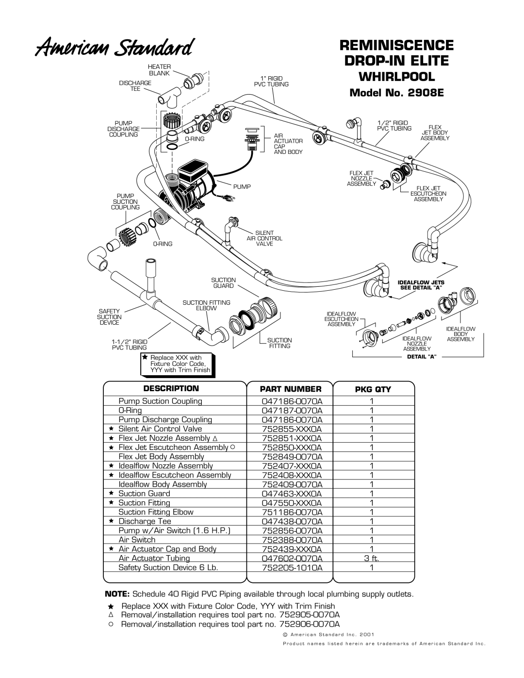 American Standard 752851-XXX0A manual Reminiscence DROP-IN Elite, Whirlpool, Model No E, Description Part Number PKG QTY 