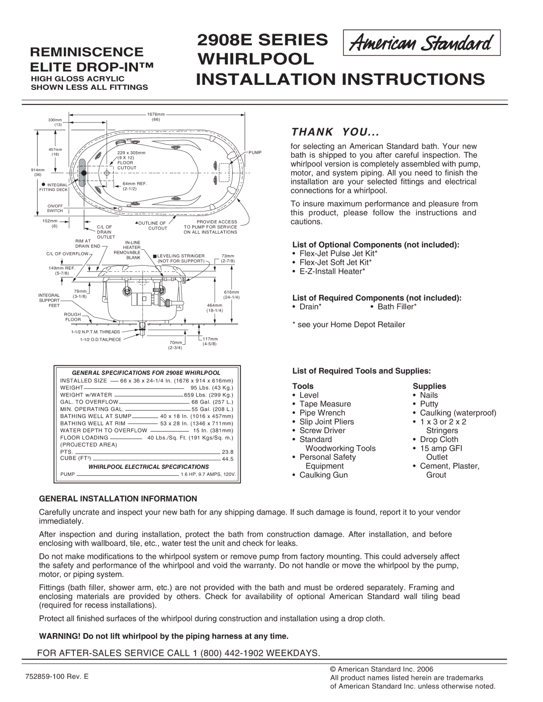 American Standard 2908EC installation instructions List of Optional Components not included 